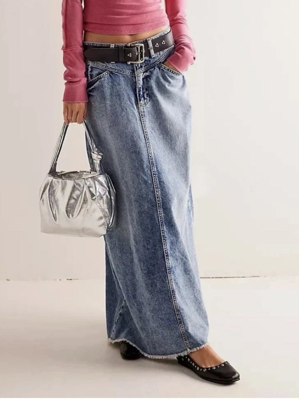 We The Free Come As You Are Denim Maxi Skirt Raw Hem 100% Cotton Size 8